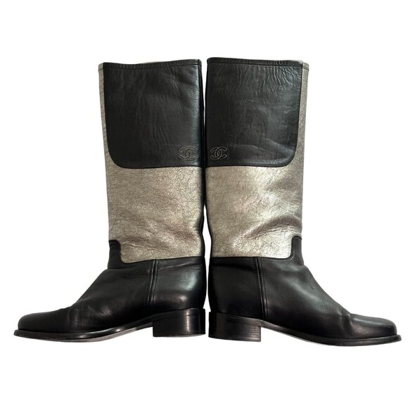 Chanel Two-Tone Leather Riding Boots in Black/Silver - Picture 2 of 6